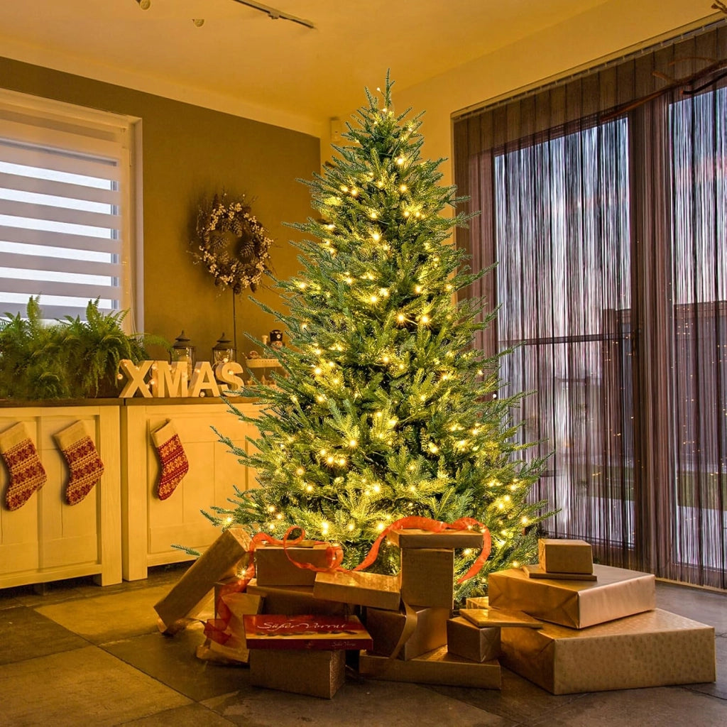 Albero di Natale 136 cm, Albero di Natale Artificiale Pre-Illuminato con 386 Rametti in PE e PVC, 180 Luci a LED Bianco Caldo e 8 Modalità di Illuminazione (136 cm)