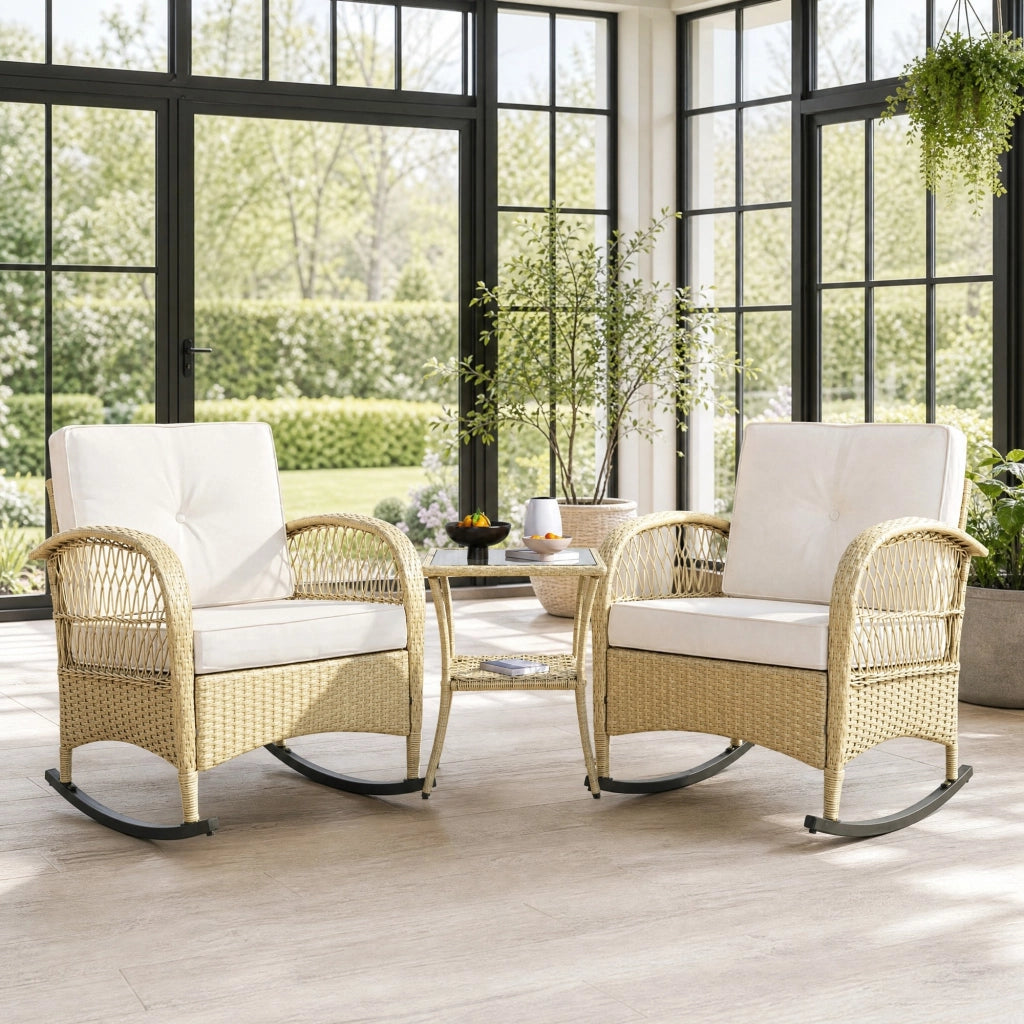 Set da balcone a dondolo 3 pezzi con tavolino in vetro temperato e cuscini beige