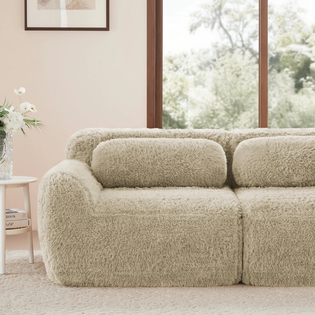 Divano 4 Posti ¨C MINIMAL ¨C Velluto Morbido, Cuscini, Beige Chiaro