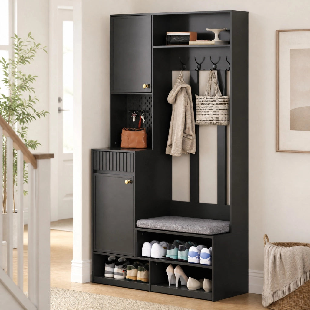 GARDEROBA DA INGRESSO con panca e 4 ganci 100x180x35 cm Nero