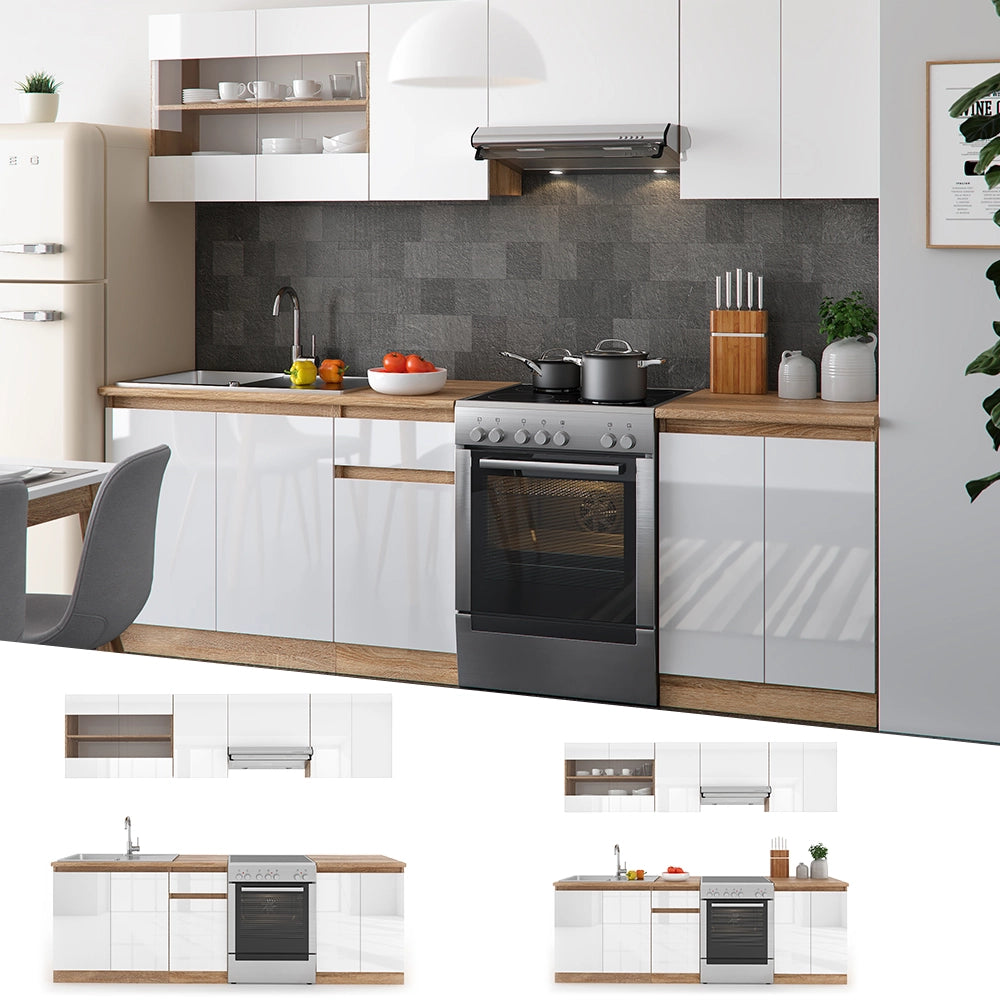 Mobile da cucina Raul Bianco lucido/Bianco 240 cm, PL Sonoma con striscia LED Vicco