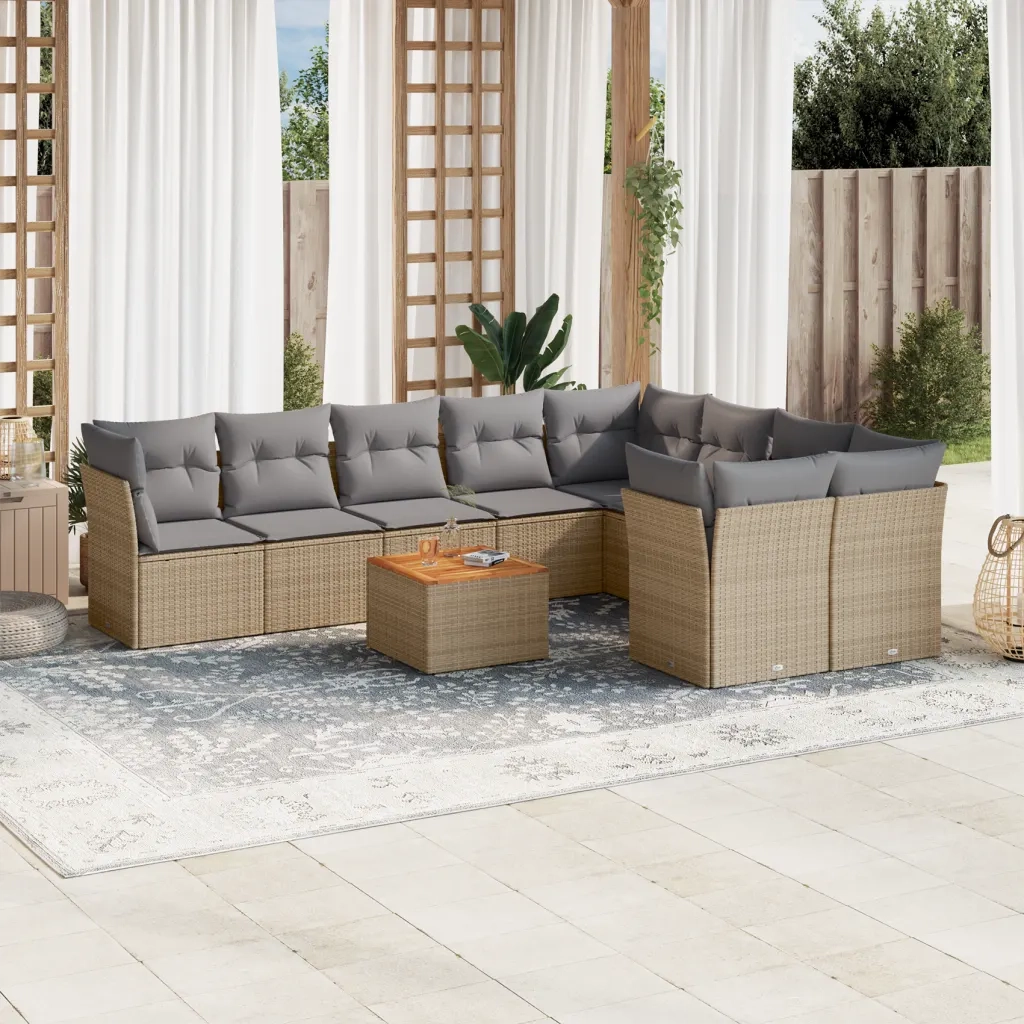 Set Divano da Giardino 10 pz con Cuscini Beige in Polyrattan