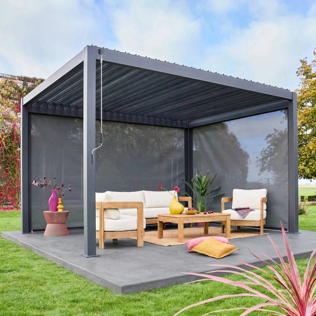 Pergola bioclimatica 3x4m in alluminio + tenda da 3m + tenda da 4m,