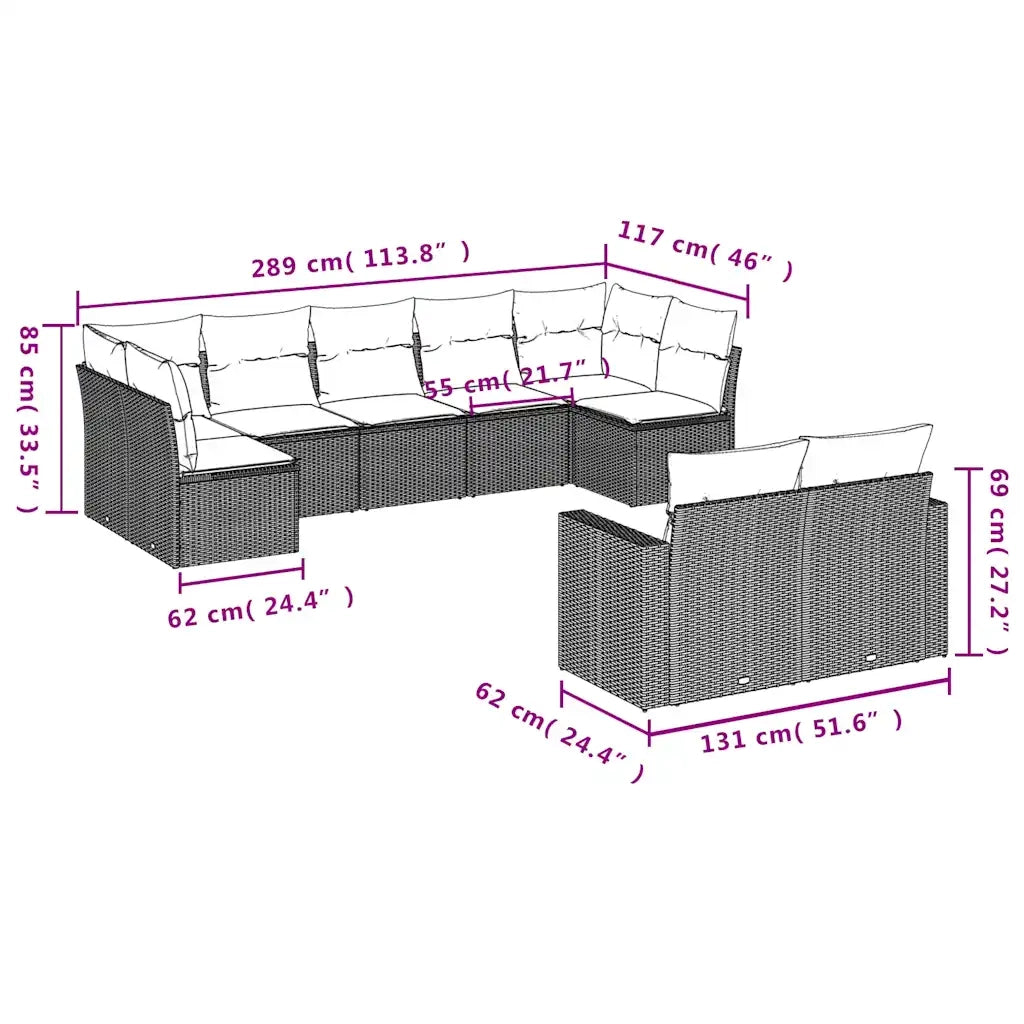 Set Divani da Giardino 9 pz con Cuscini Grigio in Polyrattan 3219411