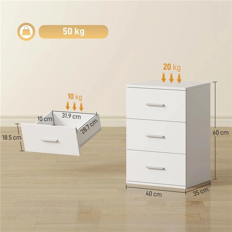 COMODINO CON 3 CASSETTI MODERNO E MULTIUSO PER CAMERA E SALOTTO, 40X35X60 CM, BIANCO