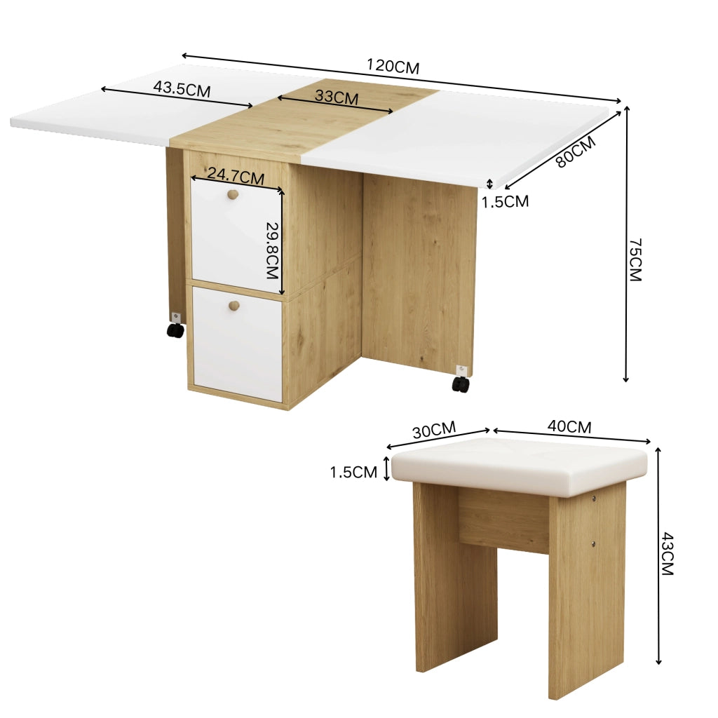 Set tavolo da pranzo pieghevole con 4 sedie, 120×80×75 cm, bianco e rovere