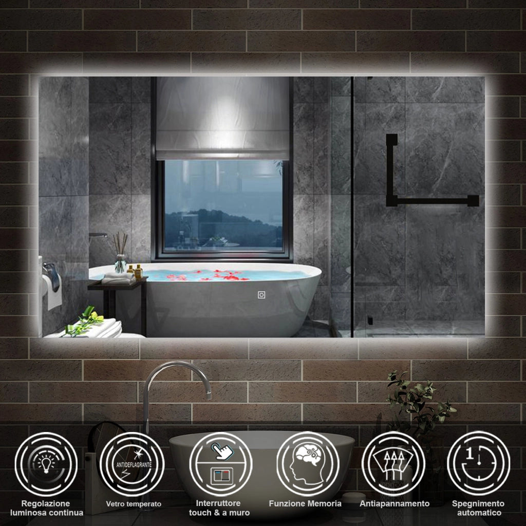 specchio 100 x 60 cm rettangolare con luce led antiappannamento e touch