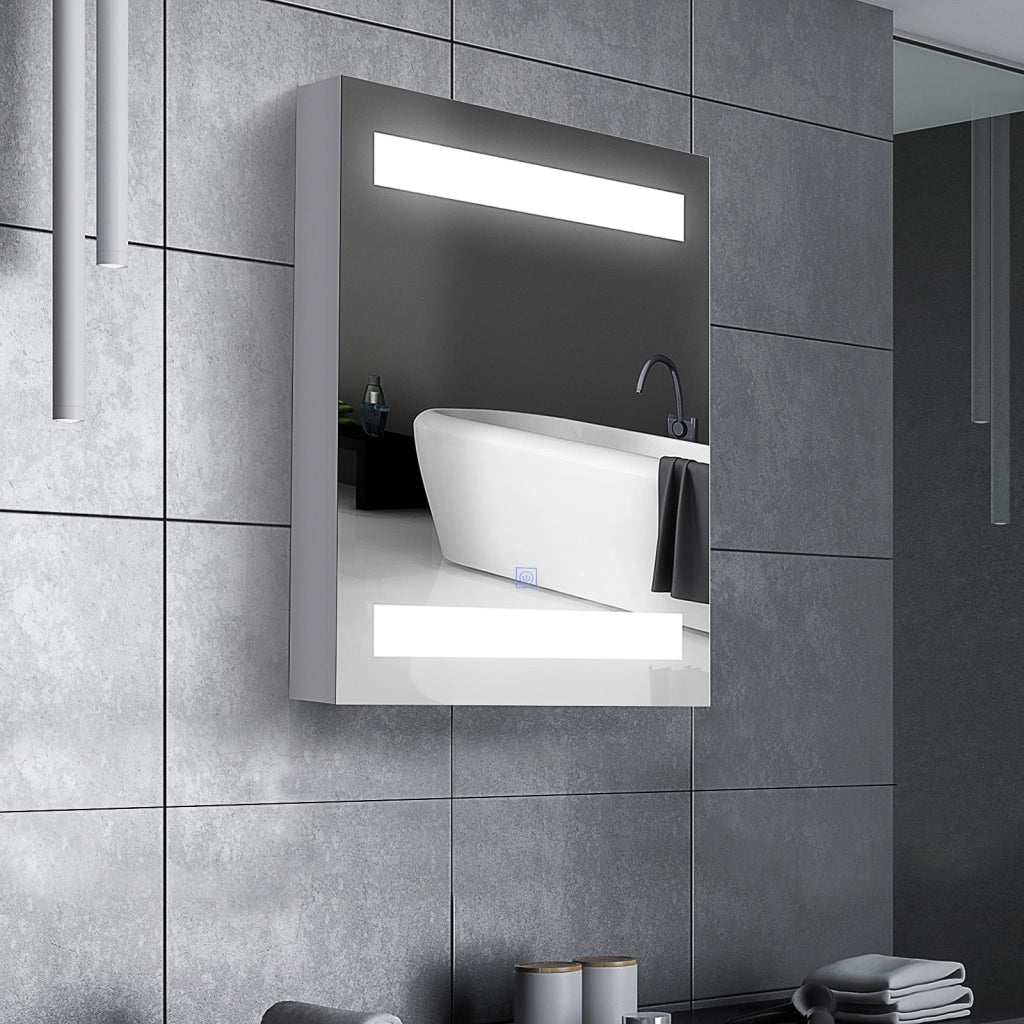 Pensile da Bagno con Specchio e LED ¨C Xylo ¨C 1 Anta, 2 Ripiani, MDF Bianco 60x50x15cm