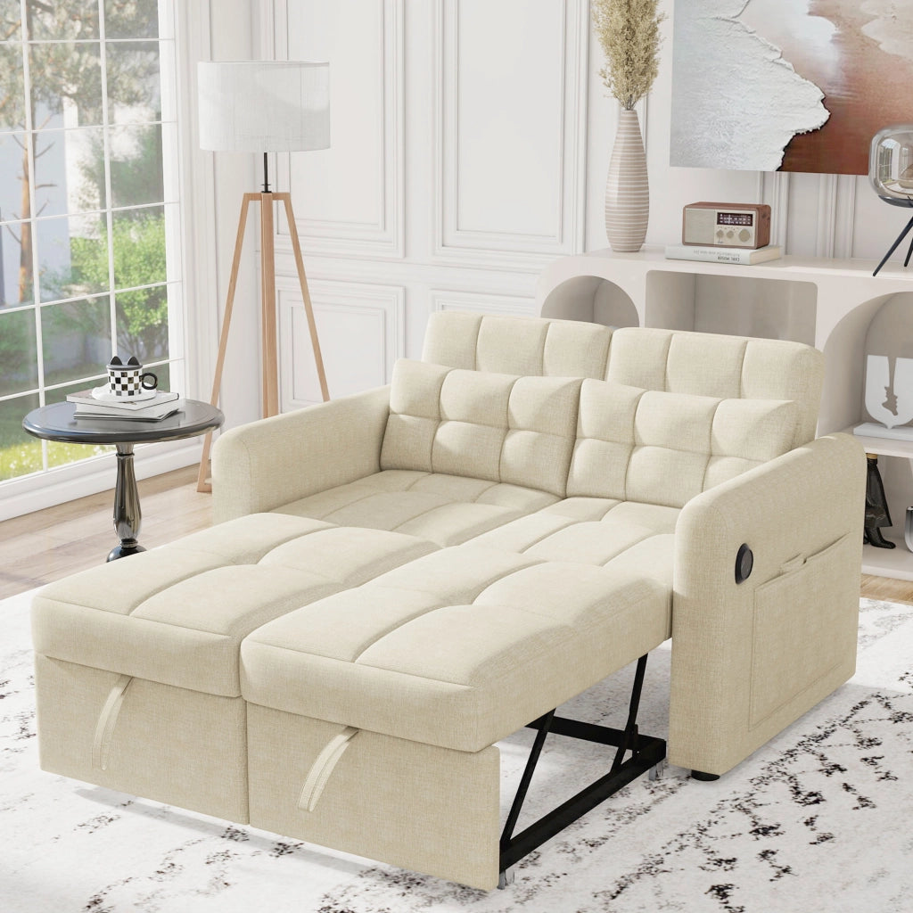 Divano Letto 2 Posti con Schienale Regolabile USB e Tasche Laterali in Cotone Lino Beige