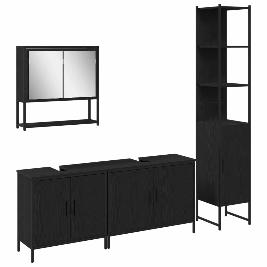 Set di mobili per il Bagno | Armadio da bagno 4 pz Nero Legno multistrato