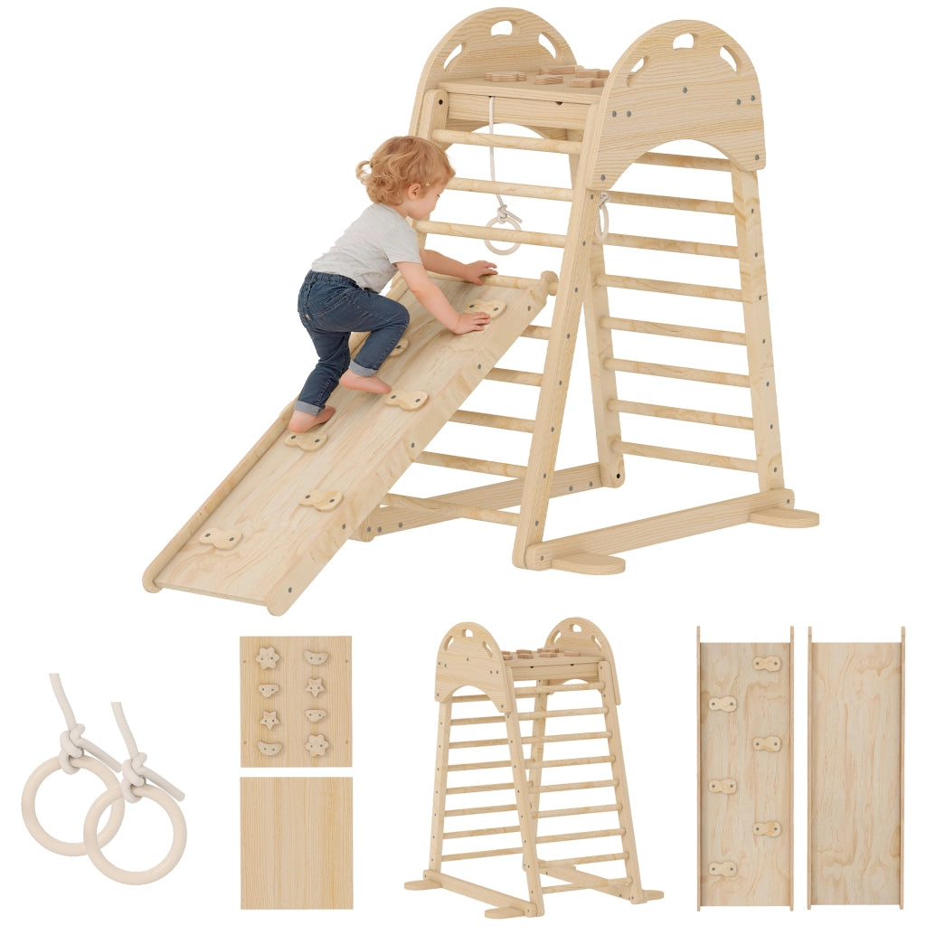 Struttura di arrampicata triangolare Montessori con scivolo ¨C Minimal ¨C legno naturale 90x90x80