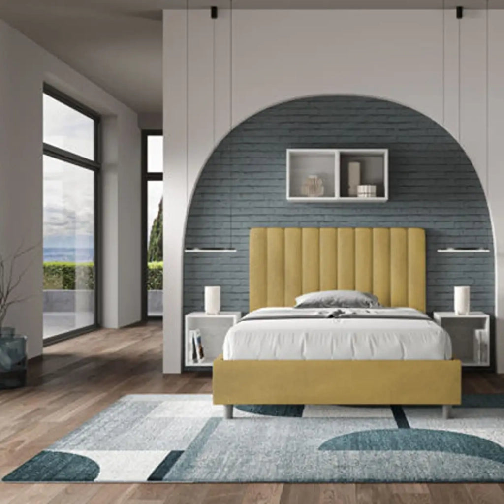 Letto una piazza e mezza senza rete imbottito 120x210 microfibra ocra Agueda
