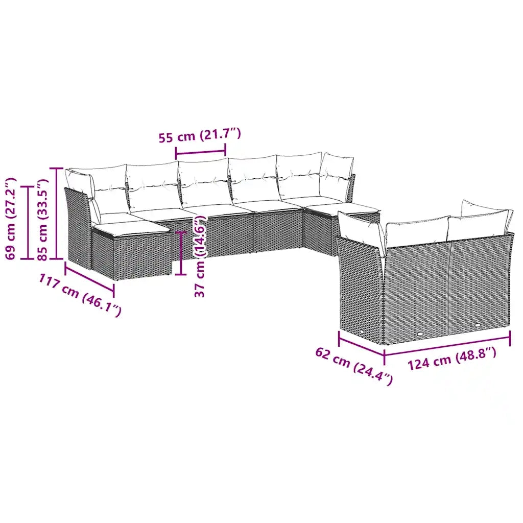 Set Divani da Giardino 9pz con Cuscini Marrone in Polyrattan