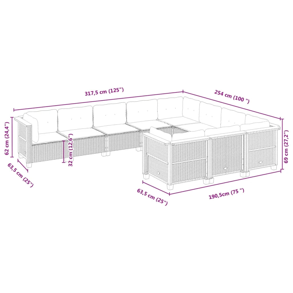 Set Divani da Giardino 10pz con Cuscini in Polyrattan Nero 3262031