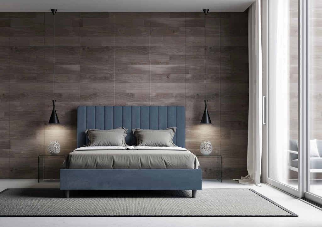 BS COM Letto matrimoniale contenitore imbottito 160x200 microfibra blu