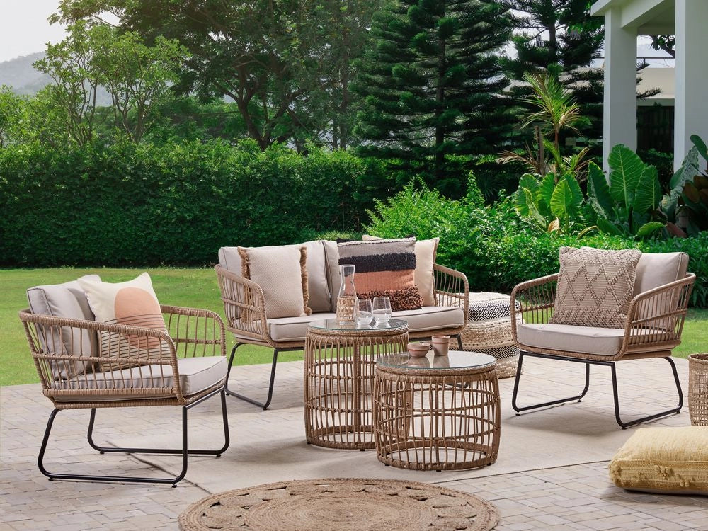 Set Divani Da Giardino Beige Cuscini rattan sintetico Esterni 4 Posti 2 Tavolini