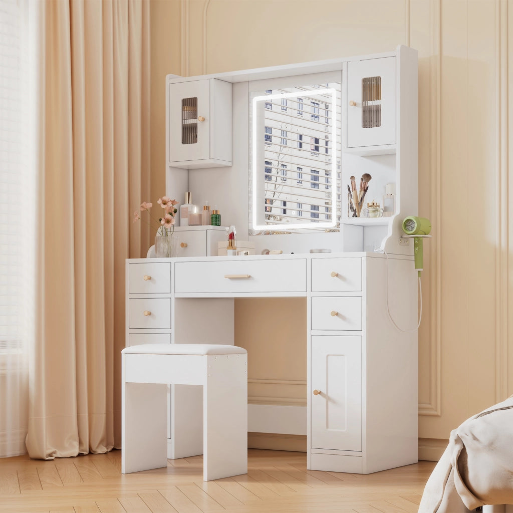 TOELETTA con specchio LED 105x152x40 cm bianco, 6 cassetti e 4 ante