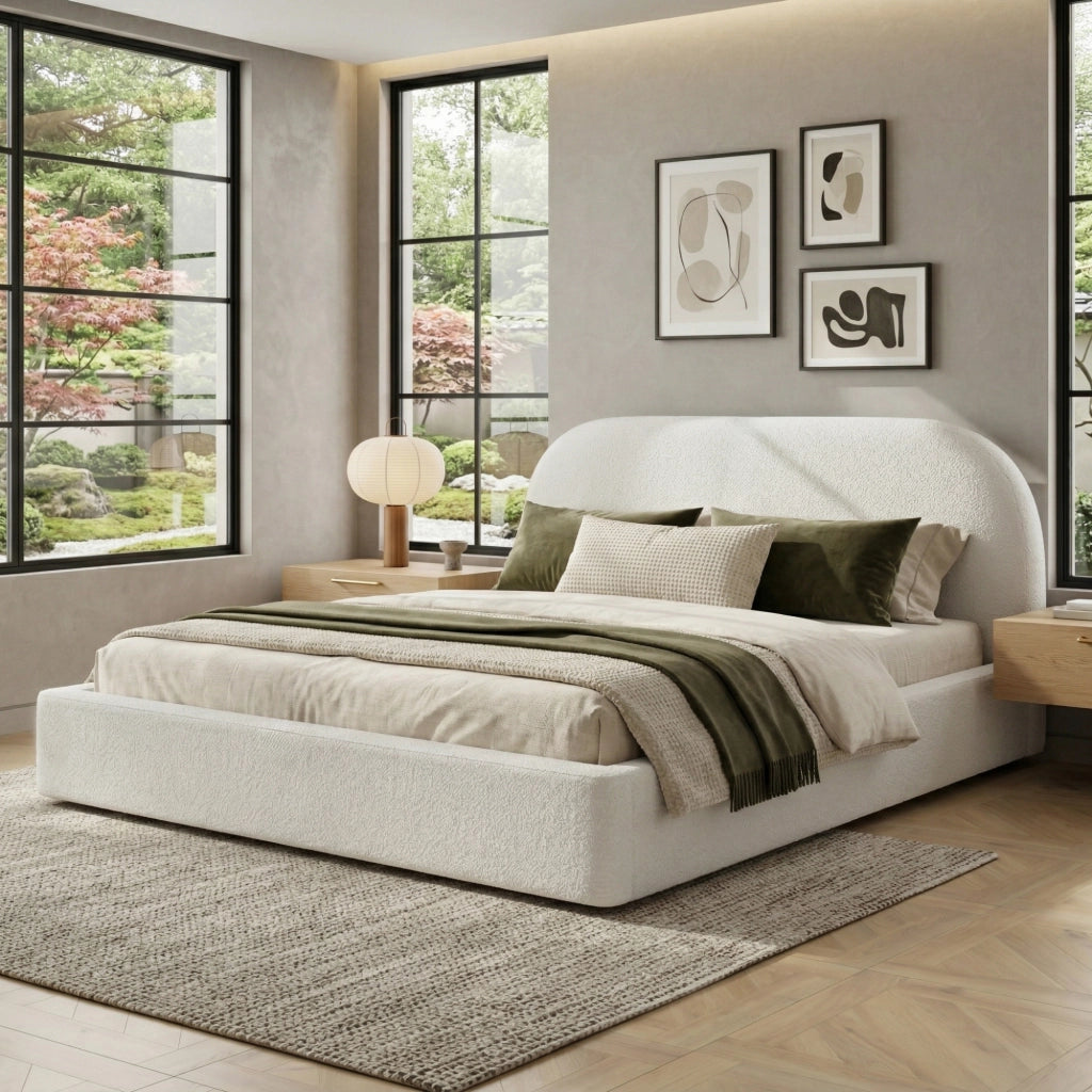 Letto Matrimoniale Imbottito con Testiera ¨C MINIMAL ¨C Boucl¨¦ Beige 180x200