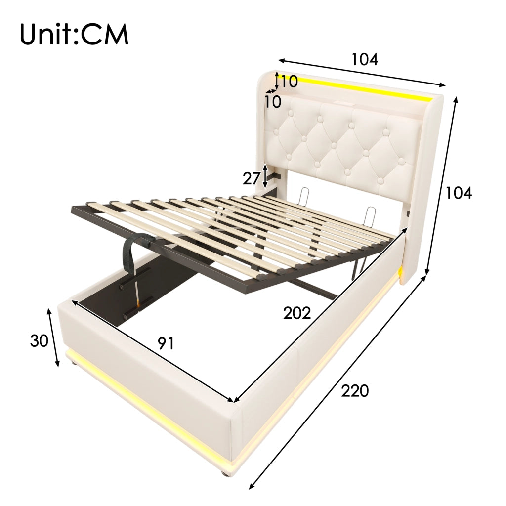 DESMIU Letto singolo 90 × 200 cm con contenitore, LED, USB e Type-C, con materasso, in PU, bianco
