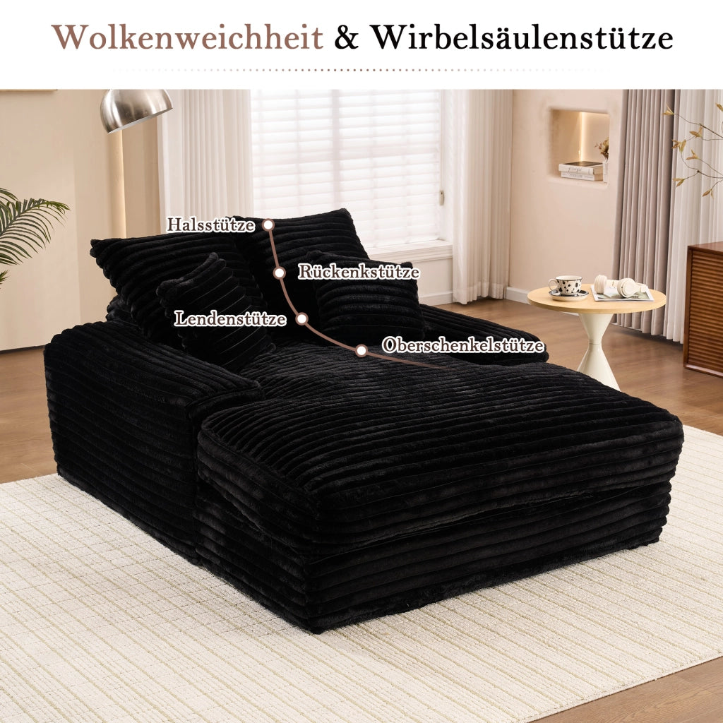 Méridiana in tessuto a coste con 4 cuscini sfoderabili e supporto ergonomico in schiuma nera 175 × 137 × 63 cm