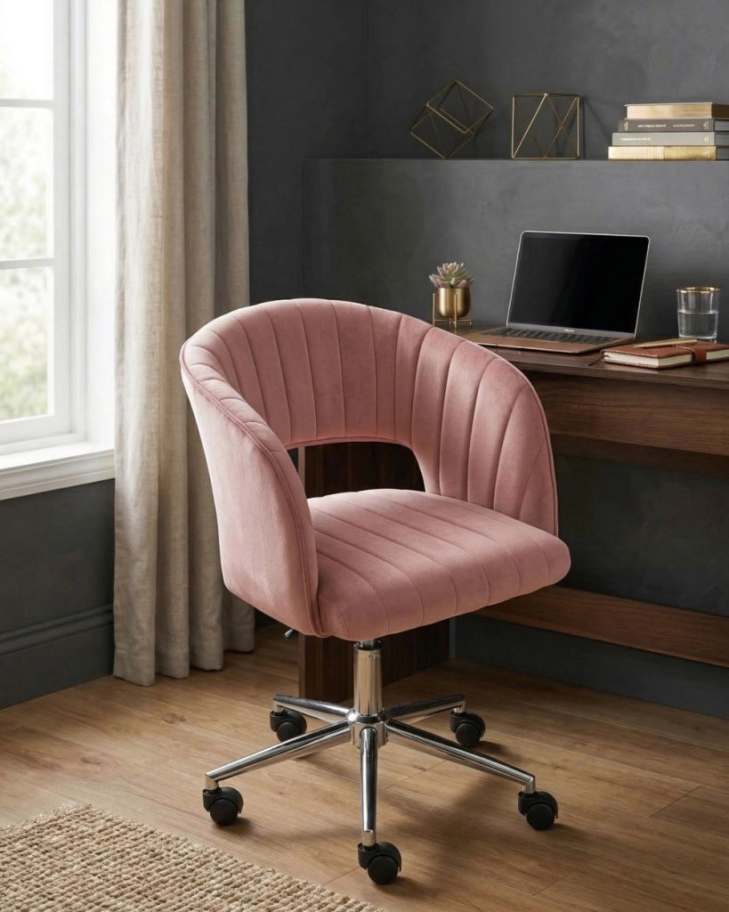 Moderna poltrona girevole da ufficio con braccioli e altezza regolabile velluto rosa