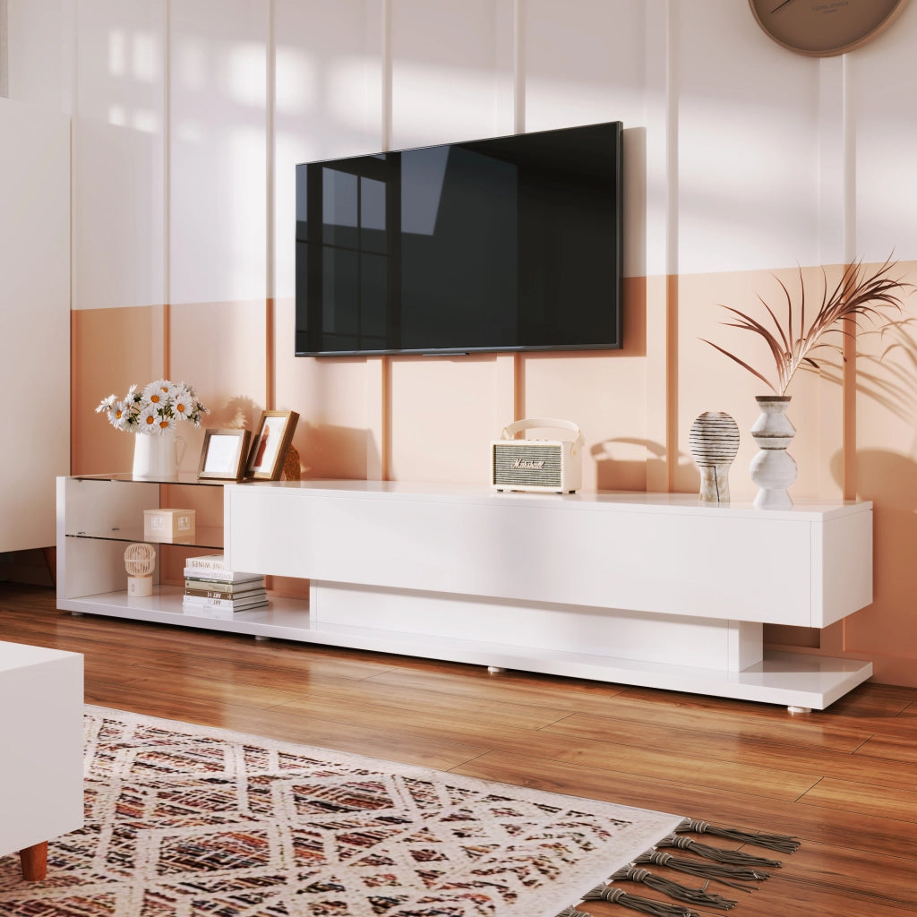 Mobile TV con LED ¨C MINIMAL ¨C Bianco Lucido, Vetro, Design Moderno