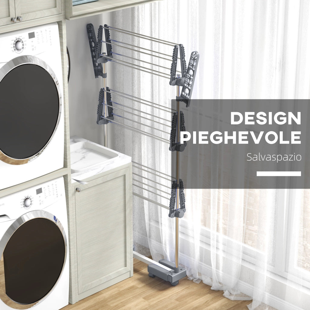 Stendino Verticale 3 Ripiani Regolabili ¨C Minimal ¨C Grigio Argento Acciaio Plastica 142x55x152 cm