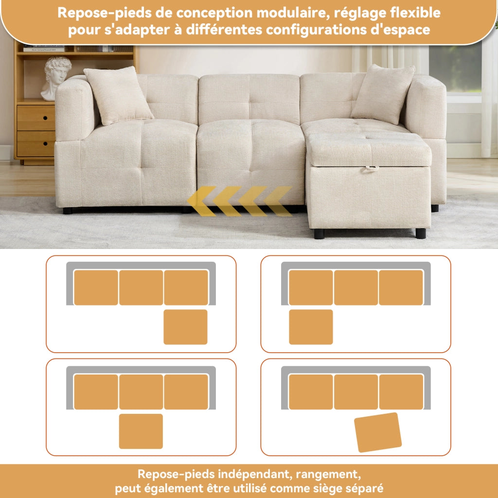 DIVANO MODULARE 3 POSTI 204x126x69 cm Chenille Beige con pouf contenitore e 2 cuscini