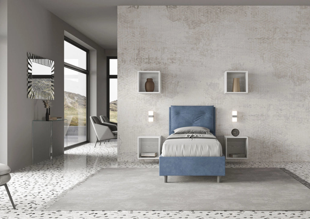 BS COM Letto singolo contenitore imbottito 80x200 microfibra blu