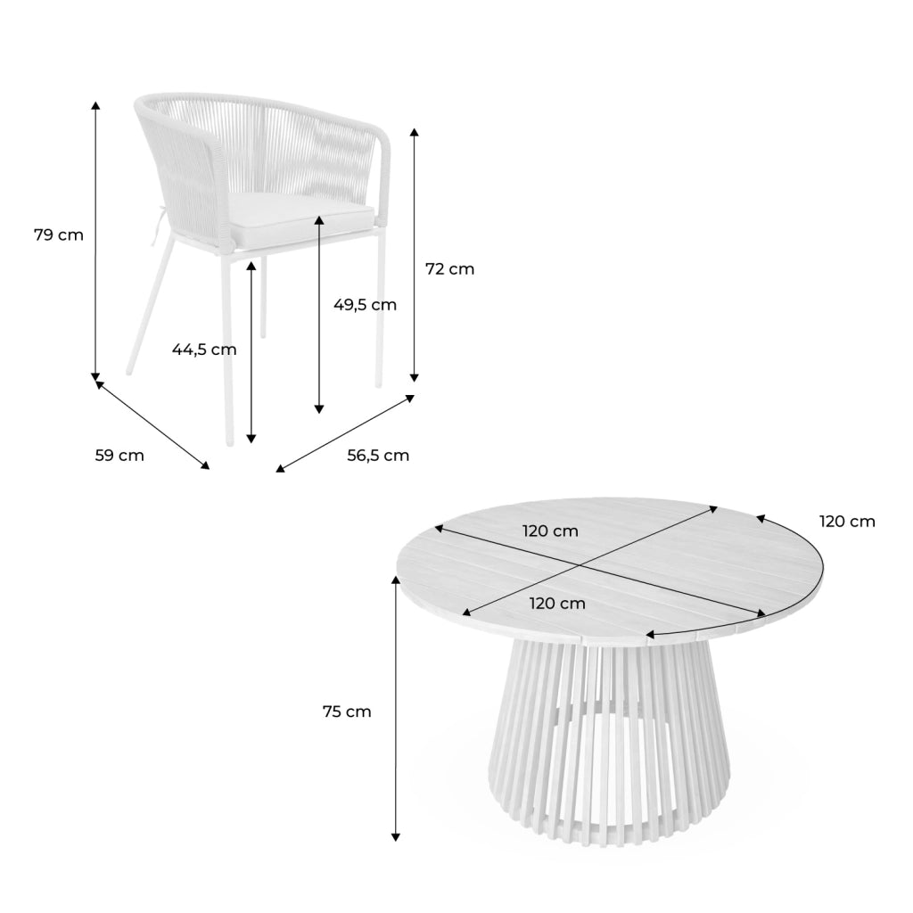 Set tavolo da pranzo rotondo in legno con 4 poltrone in corda, beige