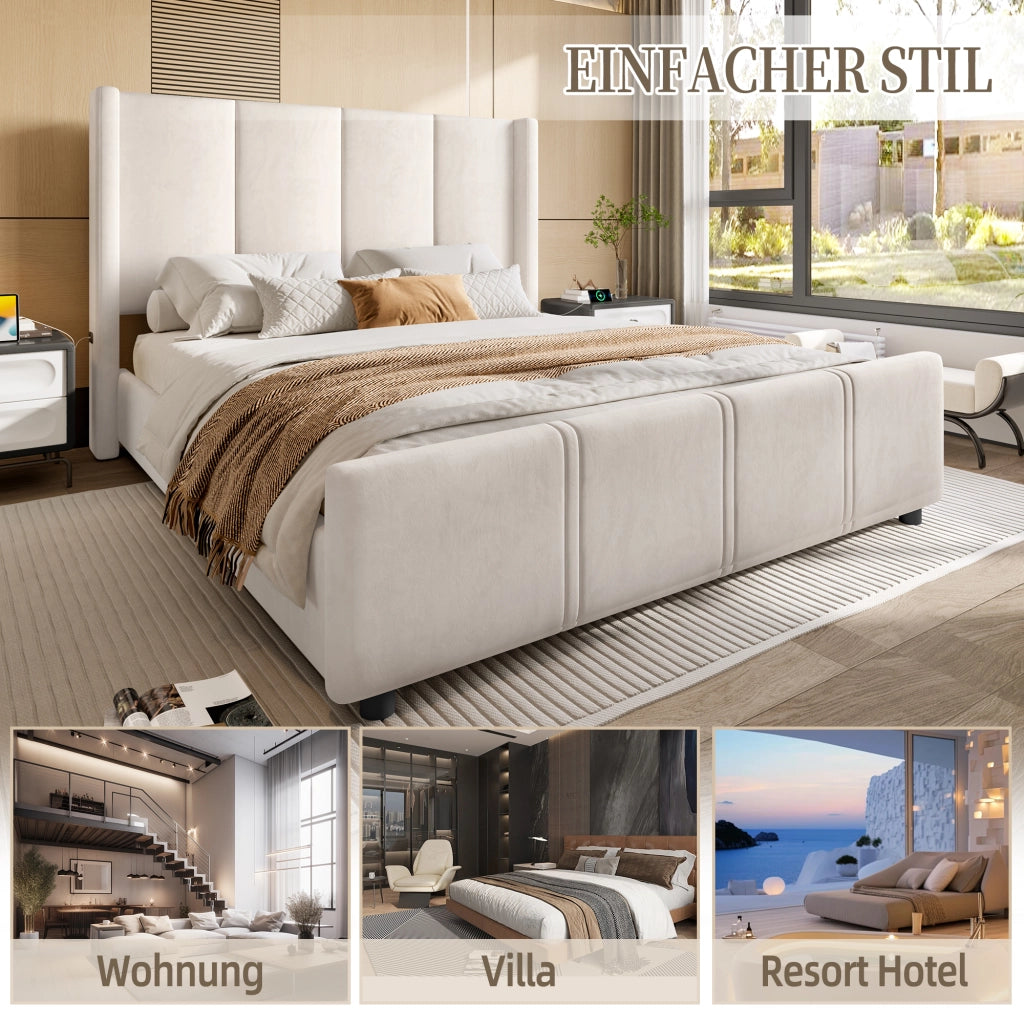 LETTO imbottito 140x200 cm velluto beige con USB