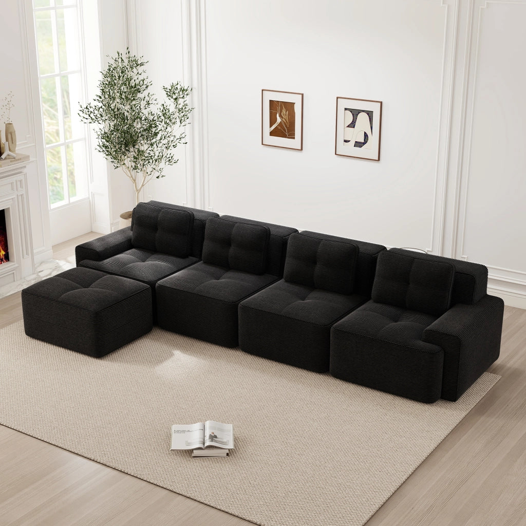 Divano Modulare Chaise Longue 4 Posti ¨C Xylo ¨C Velluto a Coste Nero