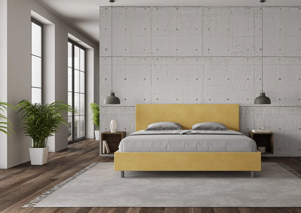 BS COM Letto matrimoniale king size con rete imbottito 200x210 microfibra ocra