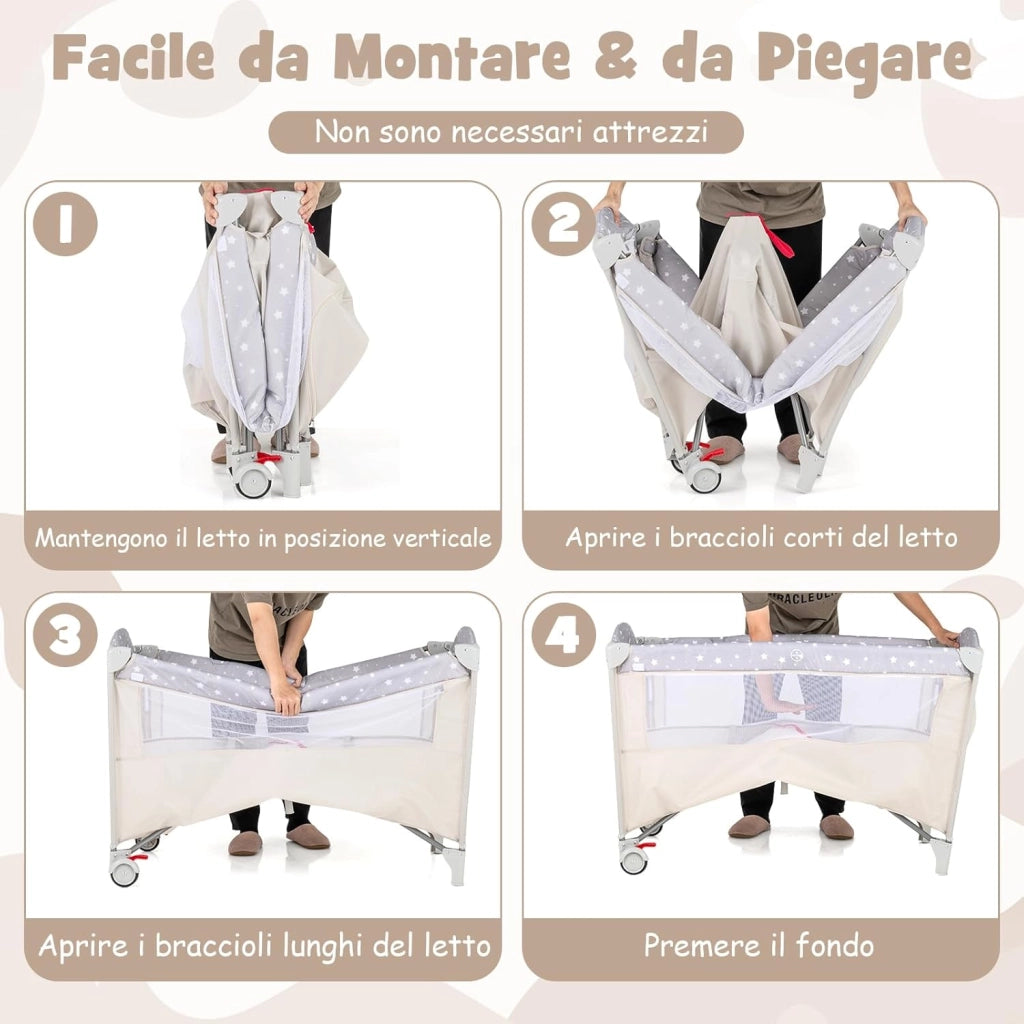 4 in 1 Lettino per Bambini con Materasso, Lettino Culla da Viaggio per Neonati, Culla Neonato con Fasciatoio, Box Portatile Pieghevole, con Ruote e Borsa, 125 x 65 x 119 cm (Beige)