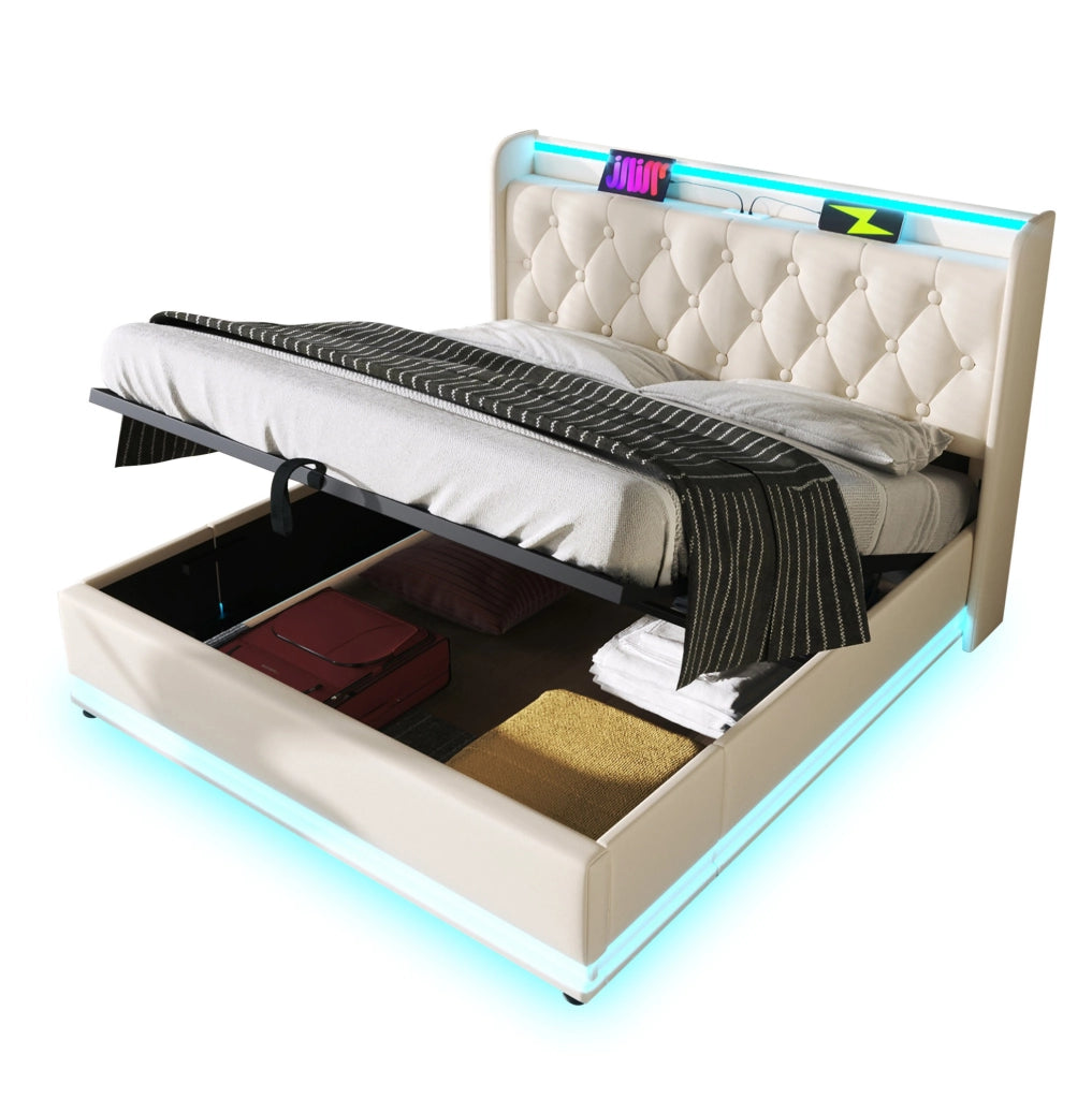 Letto matrimoniale 180x200 cm con contenitore; LED e porte USB e USB C; similpelle bianca