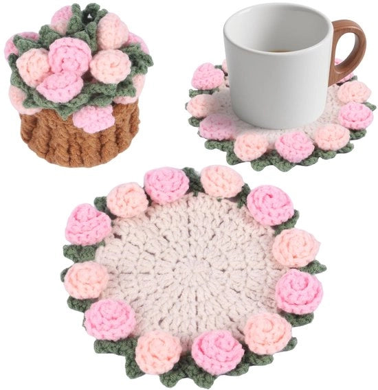 Set di sostegni per tavolo manufatti a maglia con cassetto mini, sostegni per tavolo boho con motivo floreale per salotto, regalo di nozze, regalo di benvenuto, regalo di compleanno, motivo floreale vintage (rosa)