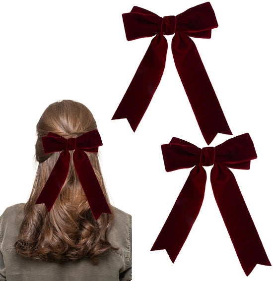 Due pezzi di capelli clip in velluto rosso, spille per capelli a nastro lungo in seta, clip per capelli a nastro francese, accessori per capelli vintage per bambine e donne, per autunno e inverno