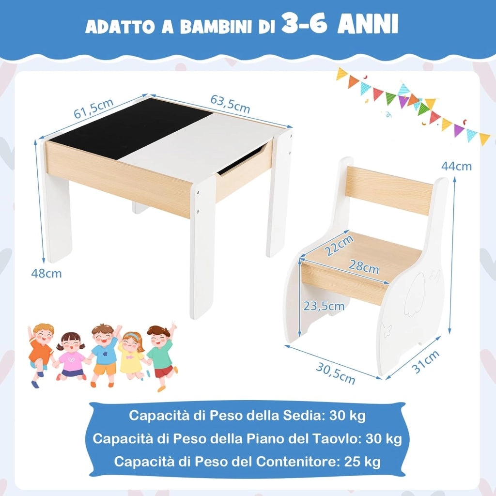 Set Tavolo e Sedie per Bambini, Set di Tavolo da Attività per Bambini con 2 Sedie, Lavagna Rimovibile e Deposito, per Giocare, Disegnare e Leggere (bianco)