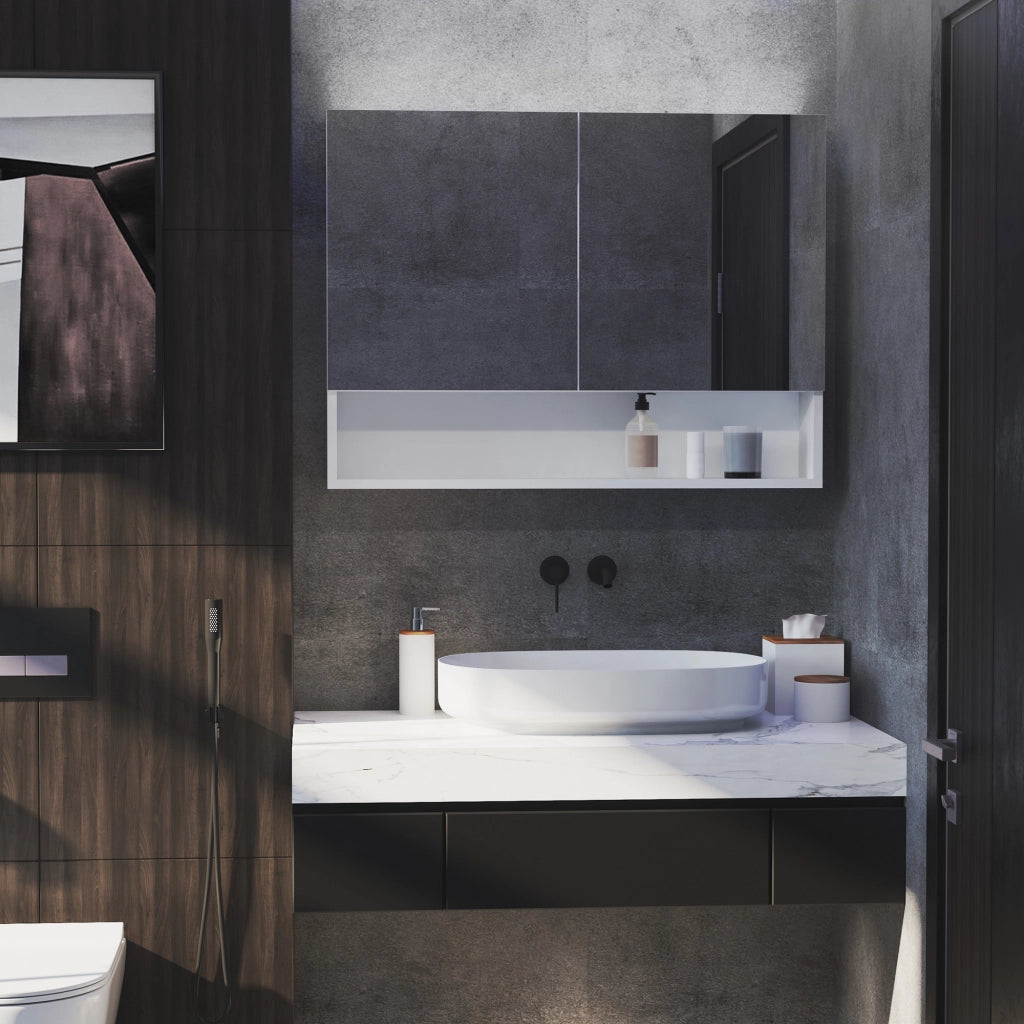 Armadio a muro con specchio e luci LED, ripiano aperto e interno ¨C Minimal ¨C 80x15x60cm