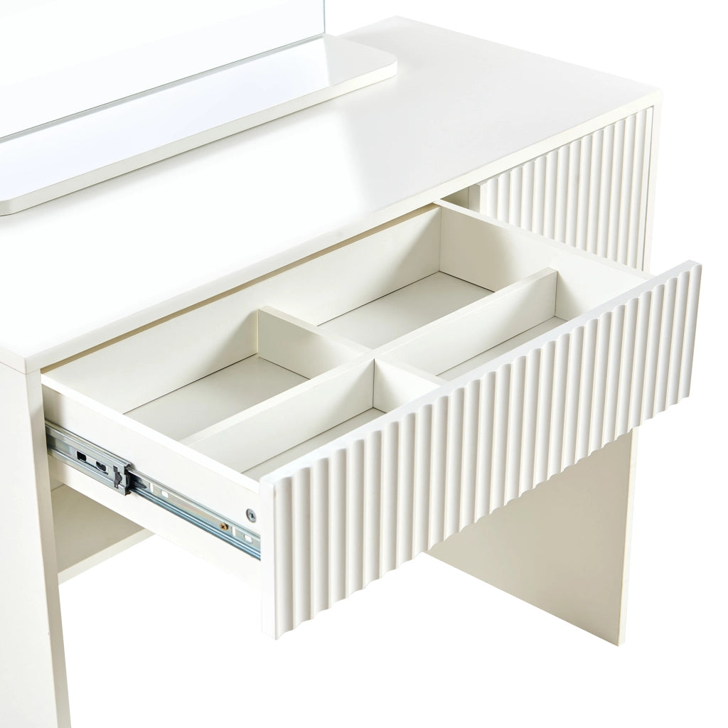 Tavolo trucco con specchio arcuato, 2 cassetti, design moderno, bianco, MDF
