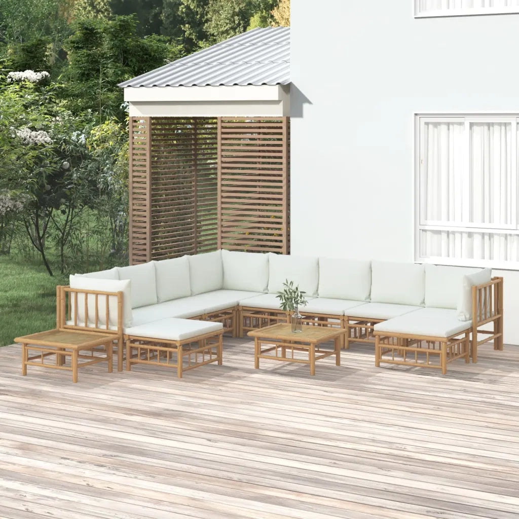 Set Salotto da Giardino 12pz con Cuscini Bianco Crema in Bambù 3155195