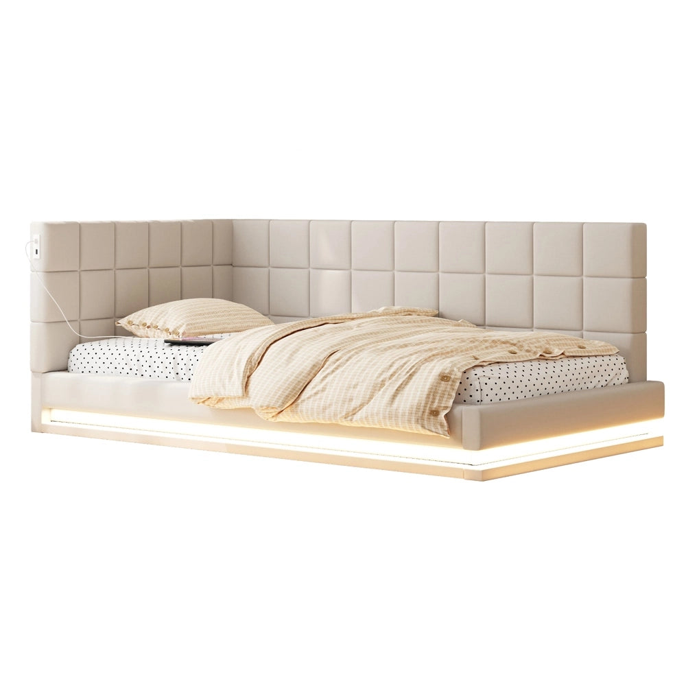 Divano letto 90x200cm - Xylo - velluto beige, LED, USB, doghe