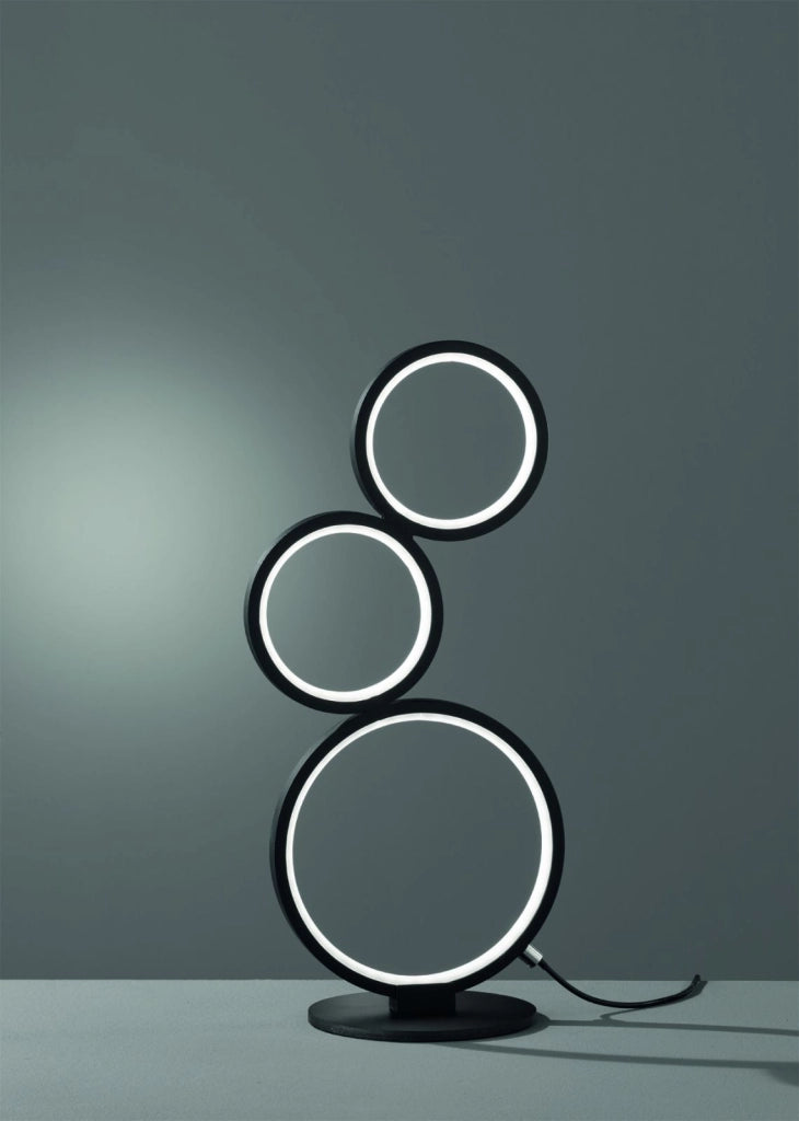 RONDO LAMPADA DA TAVOLO LED 17W 1900lm, 3000K 3 CERCHI METALLO NERO OPACO DIMMERABILE H. 45CM