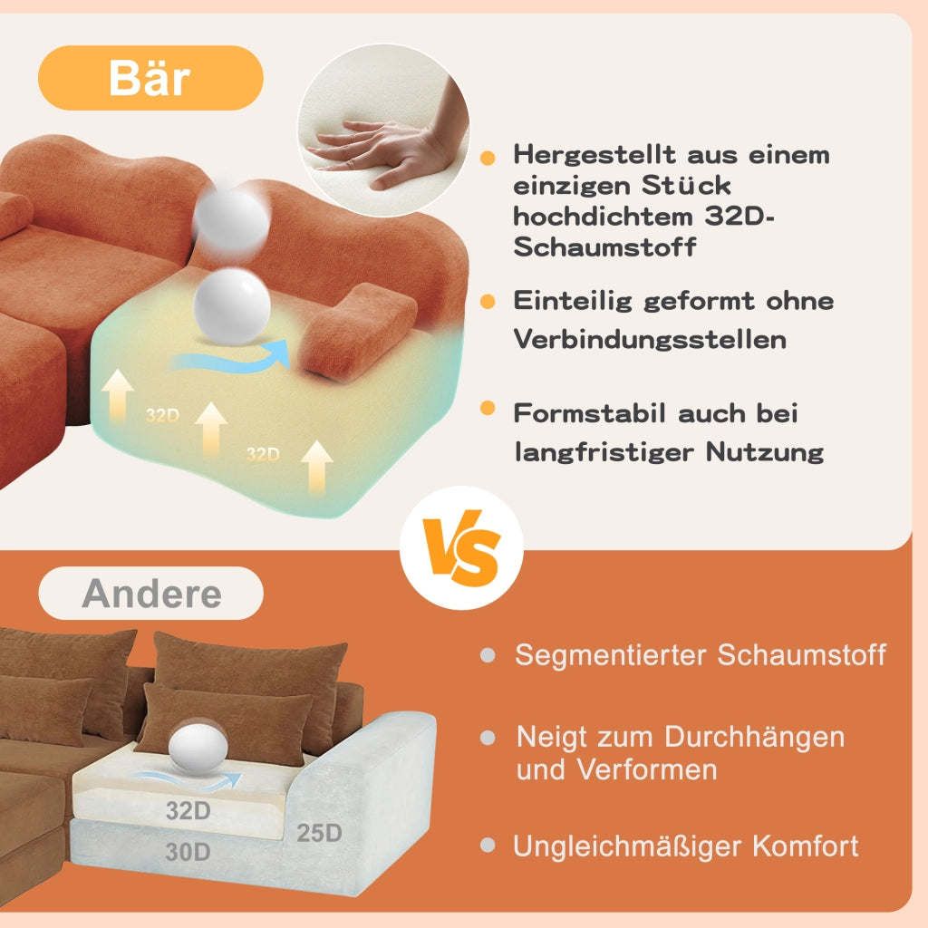 Divano angolare modulare 2 posti con pouf; forma ondulata e cuscino bracciolo mobile in velluto arancione