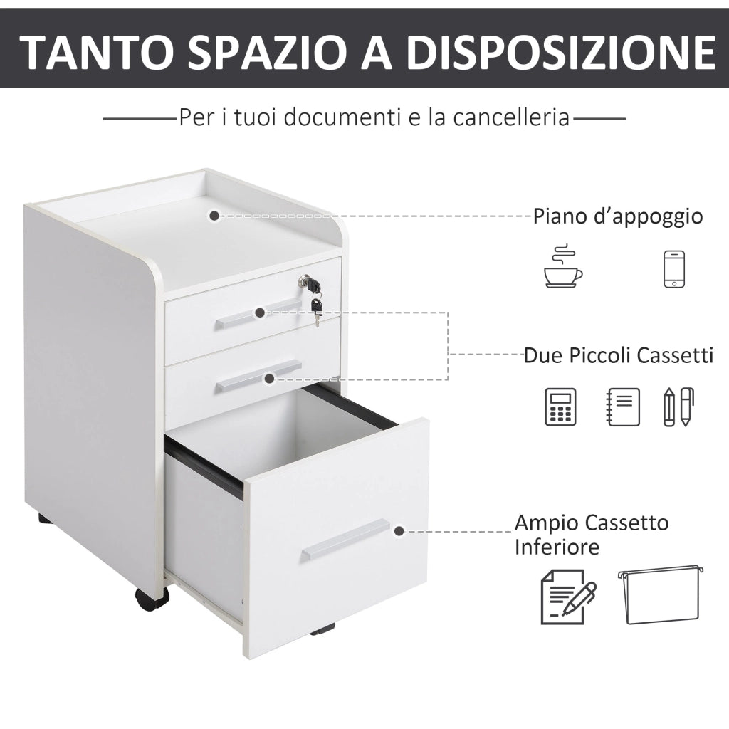 Cassettiera Portadocumenti da Ufficio 39,2x40x65,4 cm 3 Cassetti  Bianca