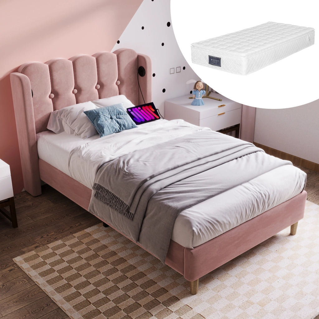 LETTO imbottito 90x200 cm in velluto rosa con porta USB Tipo C