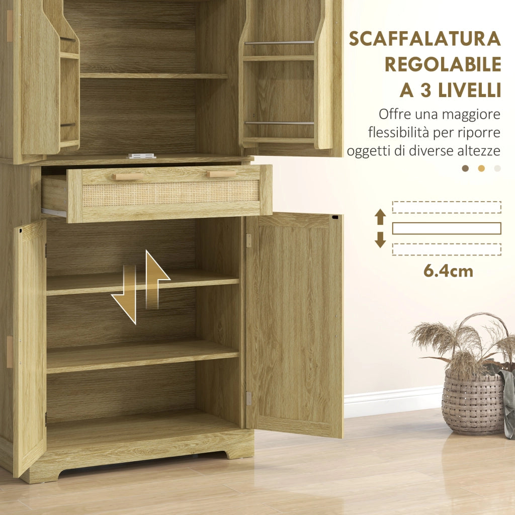 Credenza Cucina Boho 2 Ante Cassetto Portaspezie ¨C Xylo ¨C Legno Rattan Rovere 76x40x183cm