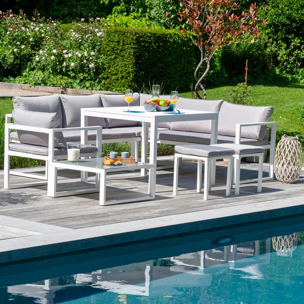 Set di mobili da giardino modulari IBIZA in tessuto grigio per 7 persone - alluminio bianco