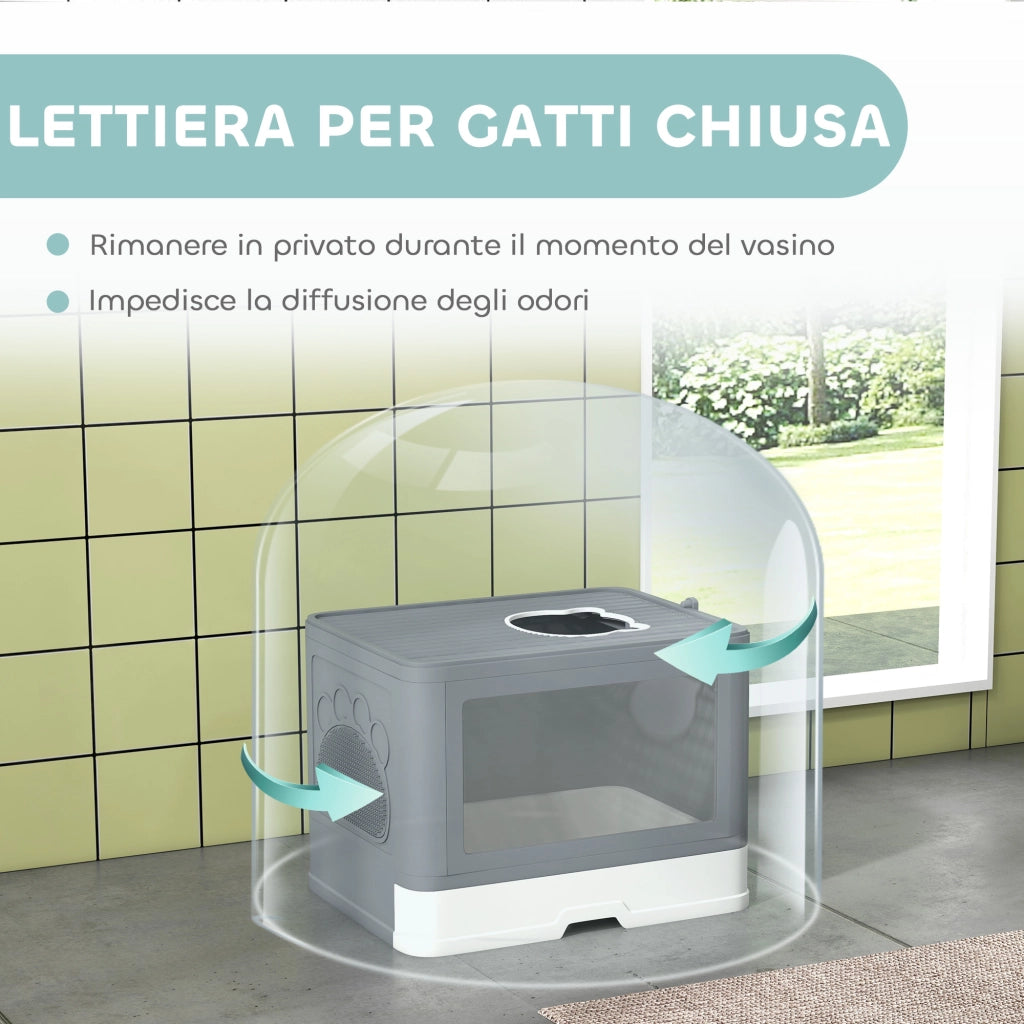 Lettiera Chiusa per Gatti con Paletta e Spazzola Integrata Grigio e Bianco