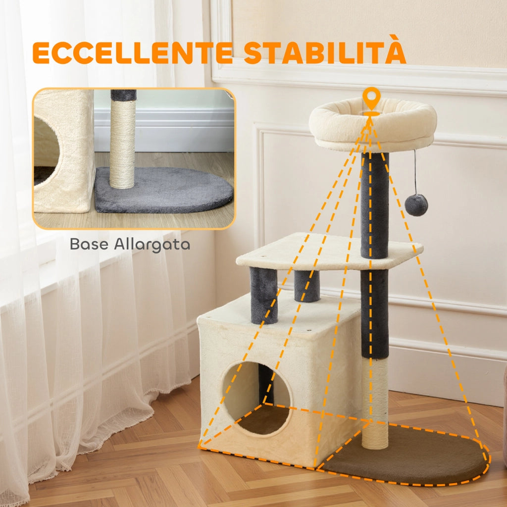 Albero Tiragraffi per Gatti con Casetta e Lettino ¨C Minimal ¨C Bianco Crema 92 cm